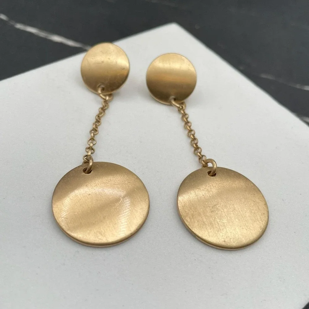 Contemporary Gold-Tone Classic Round Link Chain Double Disc Drop Dangle Earrings